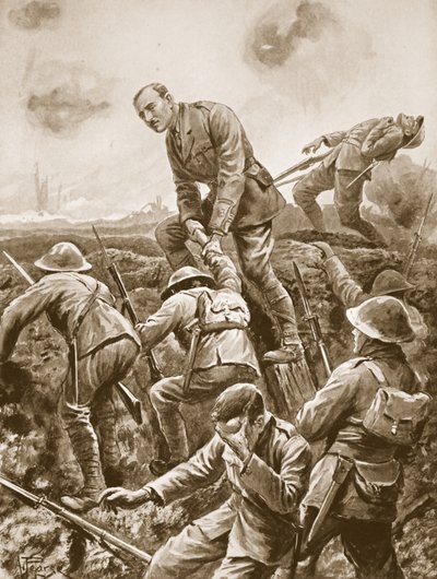 Temporary Major S.W. Loudoun-Shand helping men over the parapet while exposed to very fierce machine-gun fire by Alfred Pearse